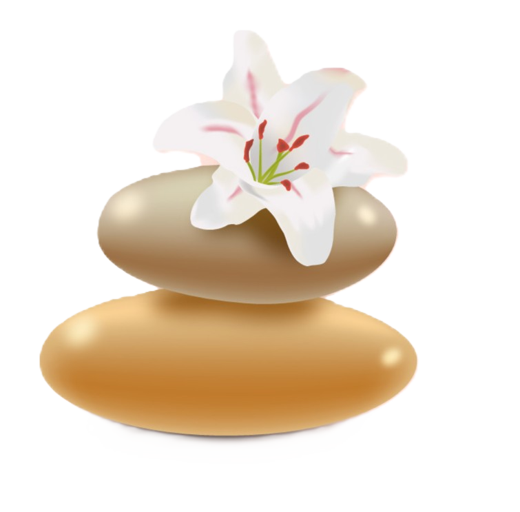 Small icon of two smooth brown pebbles (zen stones) stacked with a white lily flower on top, representing harmony and spa services.