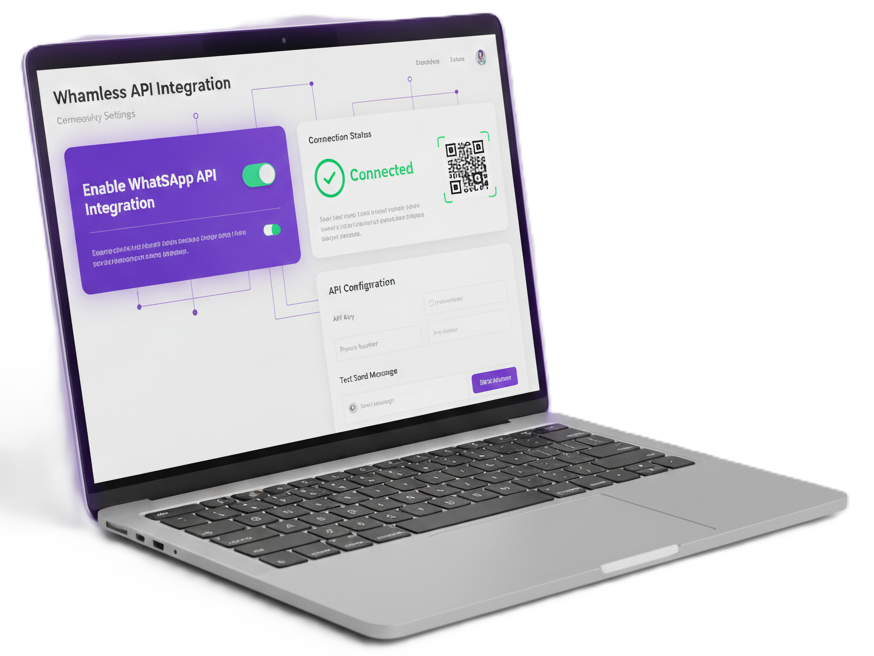 Laptop screen displaying the WhatsApp API Integration dashboard with a toggle to Enable WhatsApp API Integration, a connected status QR code, and fields for API Key and Phone Number.