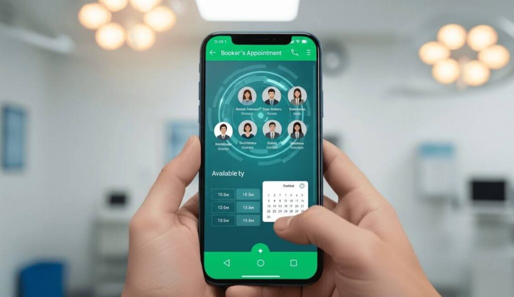 Mobile interface demonstrating Automated Appointment Booking for patients, allowing 24/7 scheduling, rescheduling, or cancellation of doctor appointments, reducing administrative burden for clinics.