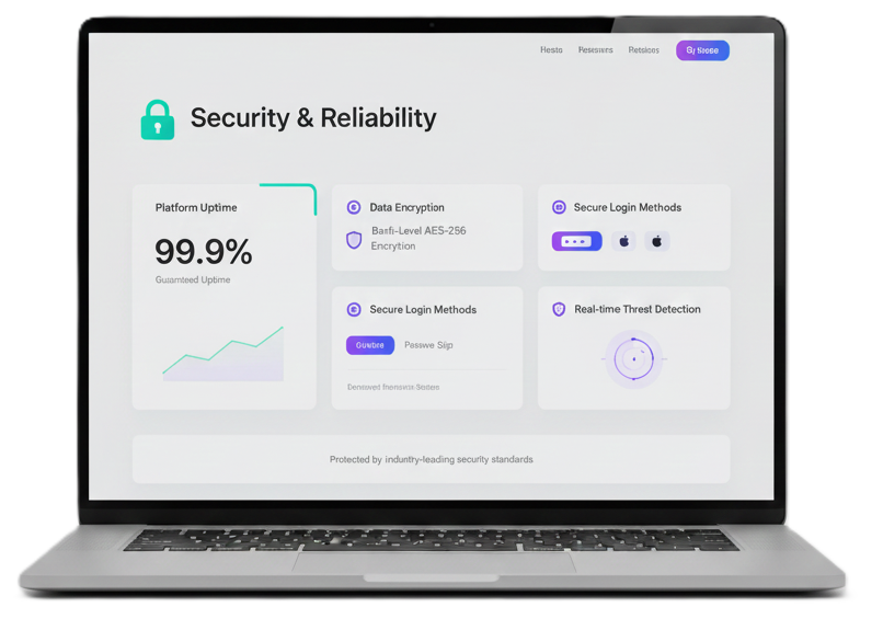 Laptop screen displaying a security dashboard with key metrics for Platform Uptime (99.9%), Data Encryption (AES-256), Secure Login Methods, and Real-time Threat Detection.