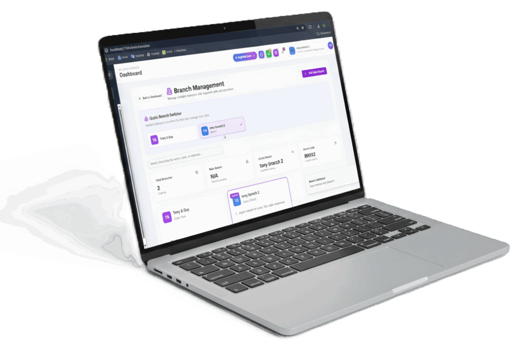 Laptop screen displaying a business software dashboard for multi-branch management, showing a quick branch selector, branch codes, locations, and total branch count.