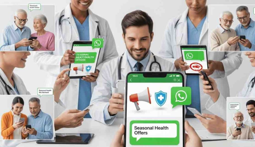 Collage of mobile screens showing doctors promoting health campaigns, illustrating the Broadcasts for Promotions and Camps feature for segmented patient outreach.