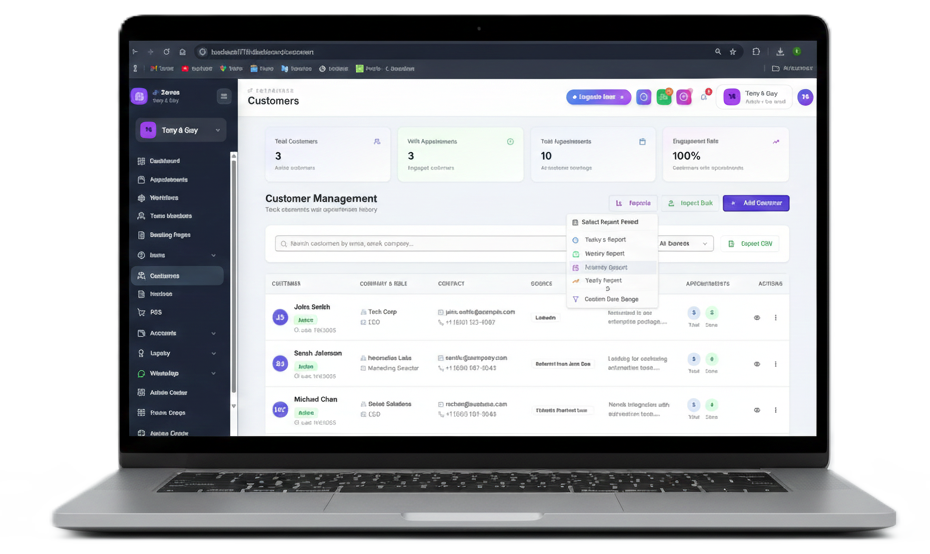 Laptop screen displaying a Customer Management (CRM) dashboard with customer statistics, a searchable customer list, contact info, source, and recent appointment records.
