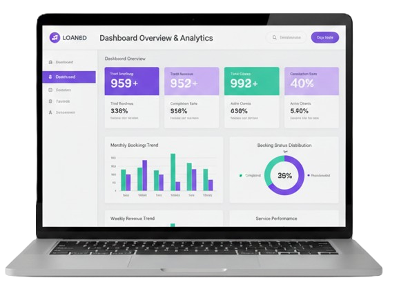 Laptop screen showing a clean business analytics dashboard with tiles for revenue, bookings, clients, and charts illustrating monthly booking trends and booking status distribution.