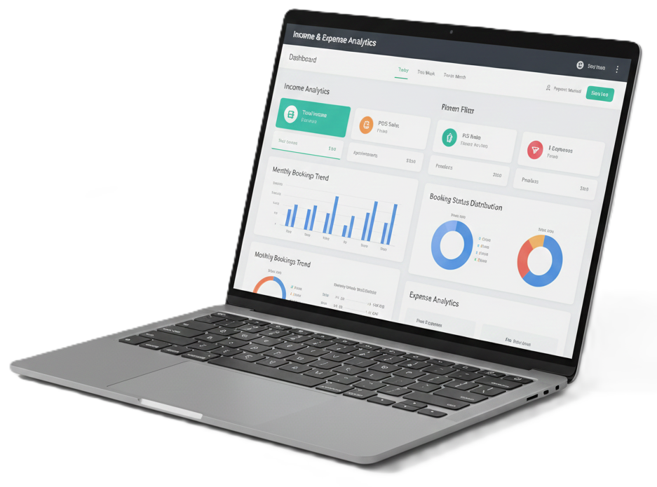 Laptop screen displaying an Income and Expense Analytics Dashboard with charts for Monthly Booking Trend, Booking Status Distribution, and various income and expense figures.