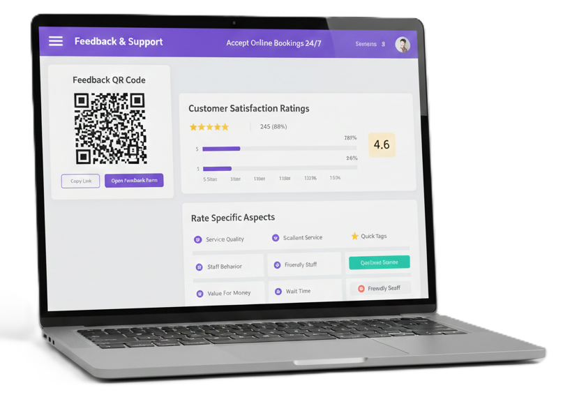 Laptop screen showing the Feedback & Support dashboard with a large QR code, customer satisfaction star ratings, and customizable tags for rating specific service aspects.
