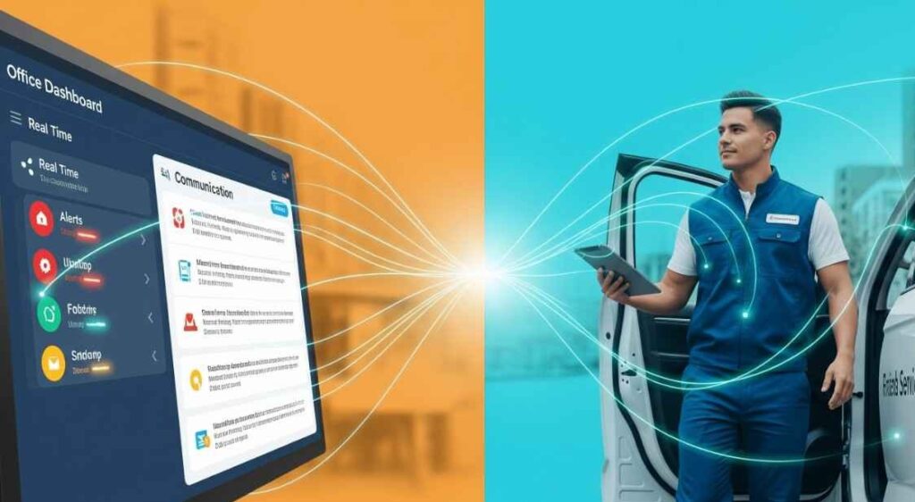 Mobile app showing a live map with GPS tracking of a field agent's route and location history.
