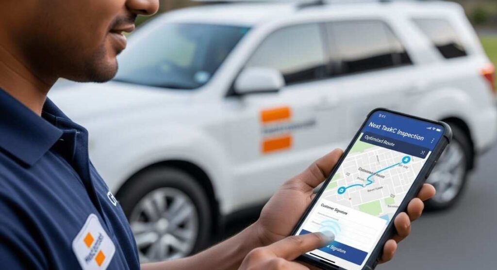 Field agent using the ZonalTrack mobile app which utilizes geofencing for automatic entry/exit smart alerts.