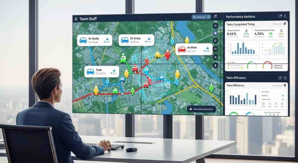 Supervisor viewing the ZonalTrack dashboard with a comprehensive view of field team performance, visits, and data.