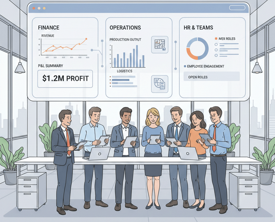 Unified Corporate ERP system dashboard connecting finance, HR, operations, and management teams in a modern enterprise environment