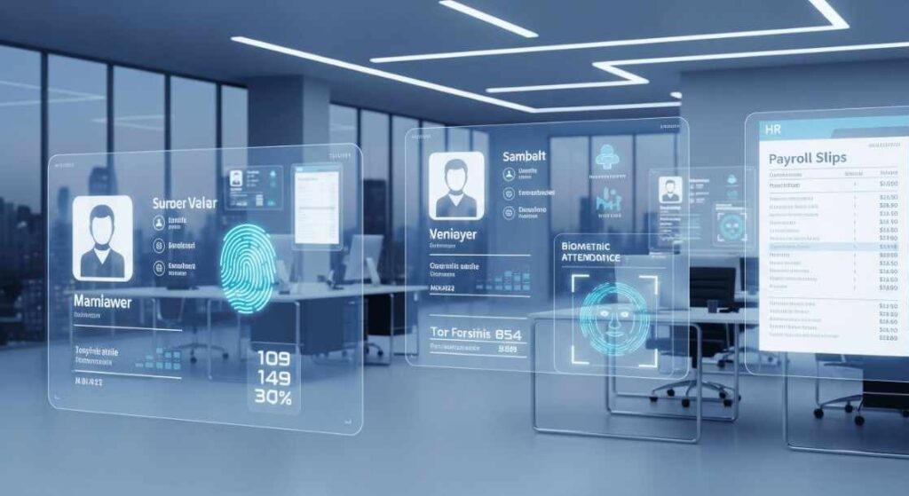 Modern corporate office reception and waiting area with dark couches, a wood slat wall and ceiling, and clean white floors leading to glass-walled meeting rooms.