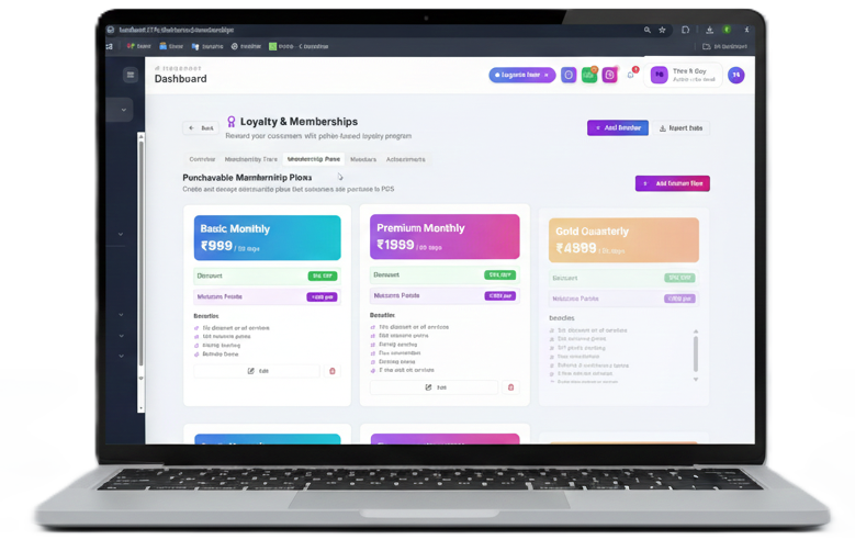 Laptop screen displaying the Membership Plans section of a loyalty program dashboard, detailing pricing and benefits for Basic, Premium, and Gold monthly/quarterly membership tiers.
