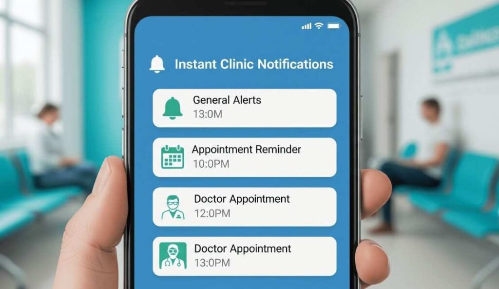 Mobile phone displaying instant clinic notifications and automated appointment reminders, helping healthcare staff and patients reduce no-shows in real-time.