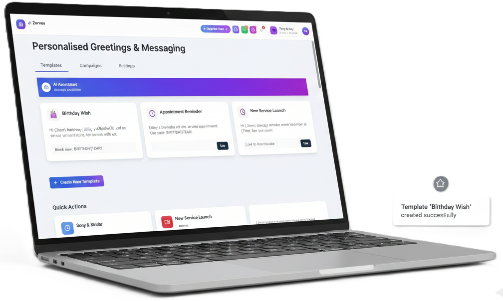 Laptop screen displaying the Personalized Greetings & Messaging dashboard, showing templates and quick actions for automated customer communication via AI chatbot integration.