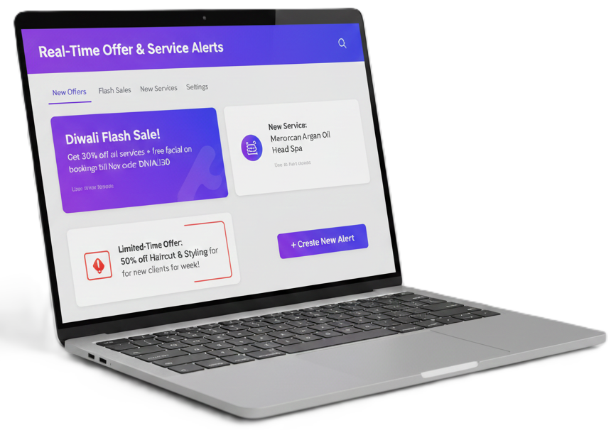 Laptop screen displaying the Real-Time Offer & Service Alerts dashboard with promotions like "Diwali Flash Sale" and "Limited-Time Offer," and a new service announcement.