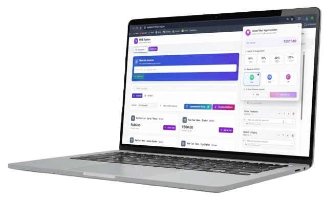 Laptop screen displaying a Point of Sale (POS) system interface, showing billing options, tip suggestions, service listings (Hair Cut), and payment entry fields.