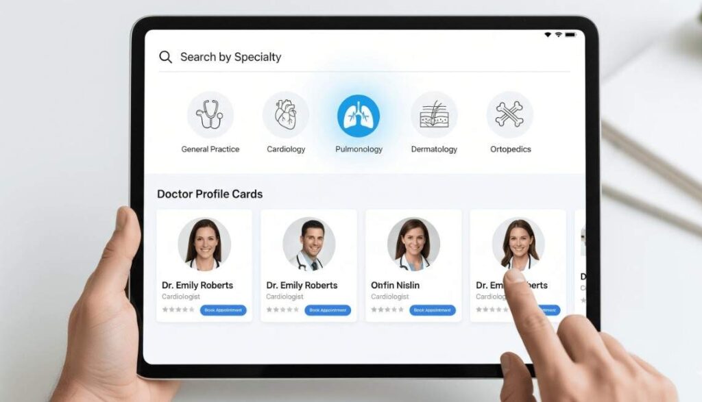 A close-up of a hand interacting with a tablet interface for the Zanitas Care CRM. The screen features an organized list of medical specialties and subsequent doctor profile cards (e.g., Dr. Emily Roberts) allowing patients to efficiently find and view the right specialist and their availability.