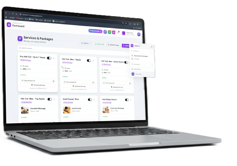 Laptop screen showing the Zervos Services and Packages management interface, listing various salon and spa services with their duration, price, and active status.