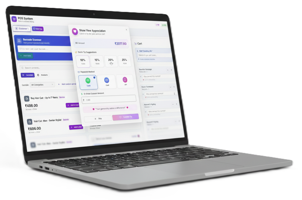 Laptop screen displaying a Point of Sale (POS) system with a "Show Your Appreciation" modal, providing quick percentage buttons for tipping and options for cash or UPI payment methods.