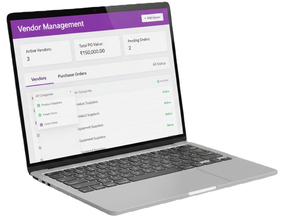 Laptop screen displaying the Vendor Management dashboard with tabs for Vendors and Purchase Orders, listing categorized suppliers (Product, Equipment) and key financial metrics.