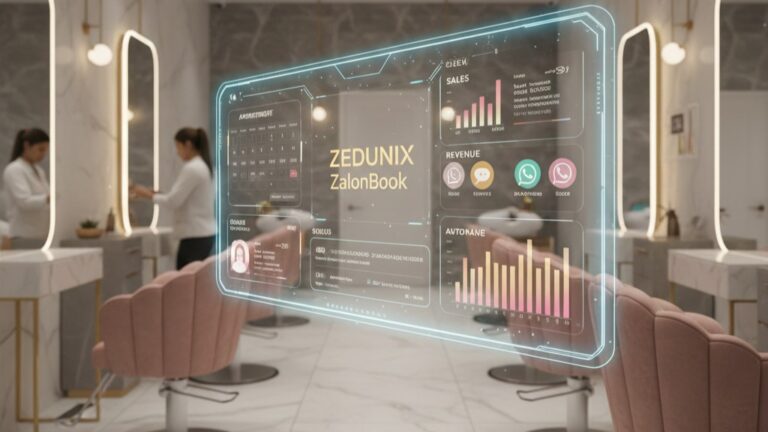 Interior view of a high-end hair salon with white marble and wood trim, showing a stylist utilizing a translucent, holographic interface for client and appointment management.