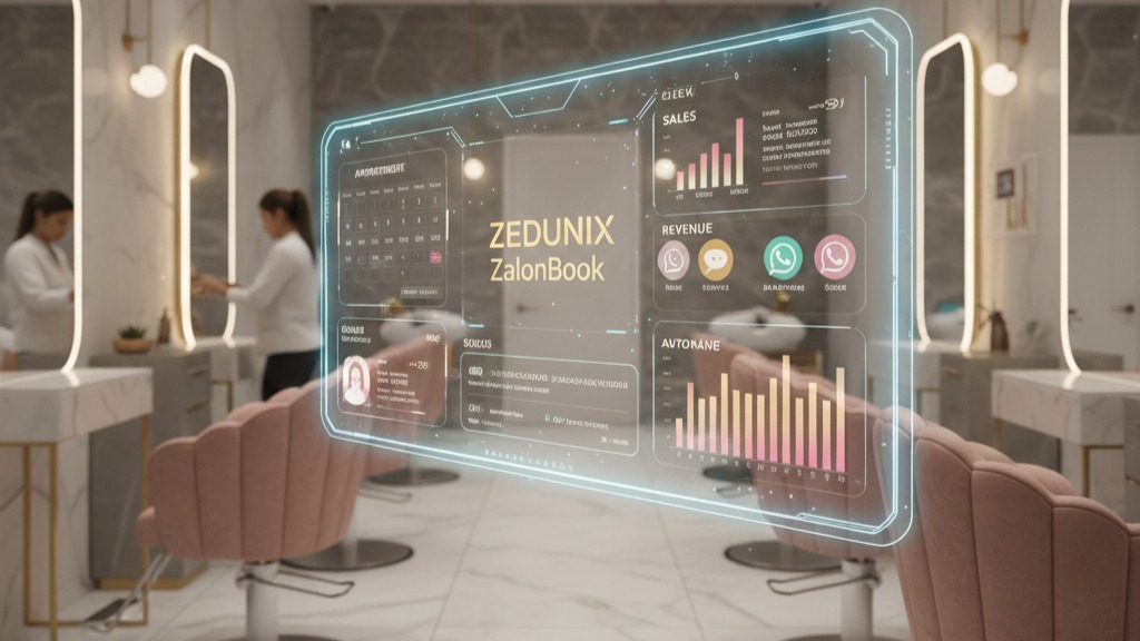 Interior view of a high-end hair salon with white marble and wood trim, showing a stylist utilizing a translucent, holographic interface for client and appointment management.