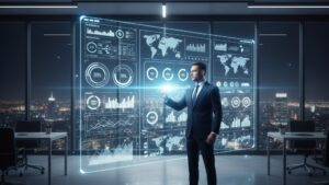 A business executive working in a modern corporate environment, interacting with a futuristic holographic ERP dashboard that displays real-time financial analytics, HR performance metrics, supply chain data, and predictive insights. The workspace features high-tech digital interfaces, clean lighting, and a professional enterprise atmosphere, representing the power of a unified Corporate ERP system.