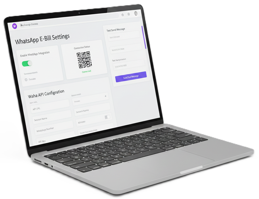 Laptop screen displaying the WhatsApp E-Bill Settings interface with fields for enabling integration, API configuration (URL, Session Name, API Key), and sending test messages.