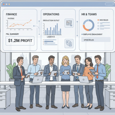 Unified Corporate ERP system dashboard connecting finance, HR, operations, and management teams in a modern enterprise environment