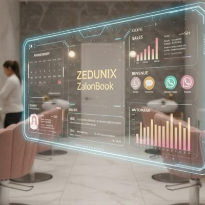 Interior view of a high-end hair salon with white marble and wood trim, showing a stylist utilizing a translucent, holographic interface for client and appointment management.