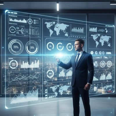 A business executive working in a modern corporate environment, interacting with a futuristic holographic ERP dashboard that displays real-time financial analytics, HR performance metrics, supply chain data, and predictive insights. The workspace features high-tech digital interfaces, clean lighting, and a professional enterprise atmosphere, representing the power of a unified Corporate ERP system.